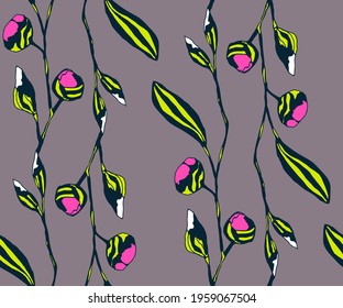 Vector ornamental hand drawing decorative background. Twigs and flowers seamless pattern ornament. Vector pattern.