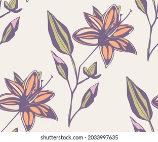 Vector ornamental hand drawing decorative baroque lily background. Ethnic seamless pattern ornament. Vector pattern