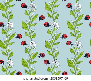 Vector ornamental hand drawing decorative ladybug background. Ethnic seamless pattern ornament. Vector pattern