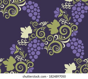 Vector ornamental hand drawing grapes  decorative background. Ethnic seamless pattern ornament. Vector pattern.