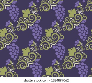 Vector ornamental hand drawing grapes  decorative background. Ethnic seamless pattern ornament. Vector pattern.