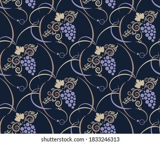 Vector ornamental hand drawing grapes  decorative background. Ethnic seamless pattern ornament. Vector pattern.