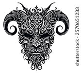 Vector ornamental horror horned devil demon lucifer monster face silhouette. Black mysterious evil with curved horns. Mythical being. Isolated patterned black devil head on white background