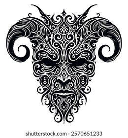 Vector ornamental horror horned devil demon lucifer monster face silhouette. Black mysterious evil with curved horns. Mythical being. Isolated patterned black devil head on white background