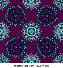 Vector ornamental illustration of colored ethnic elements. Colorful seamless pattern with Triangles Rhombus Circles Stars Sun symbols ornament in vector. Cute Folk Purple Blue colors vector background