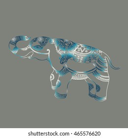 Vector ornamental indian Elephant. Hand drawn decorative illustration with indian traditional elements  for print, logo, textile and other fashion ethnic and bohemian design. Blue color on grey.