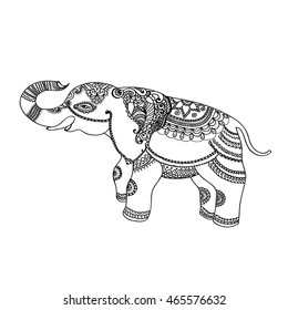 Vector ornamental indian Elephant. Hand drawn decorative illustration with indian traditional elements  for print, logo, textile and other fashion ethnic and bohemian design. Black an white. Line art.