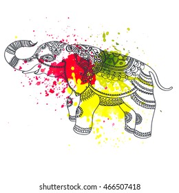 Vector ornamental Indian elephant on watercolor blots. Hand drawn illustration with traditional elements for print, greeting card, logo, fabric, textile and other bohemian and gipsy fashion style.