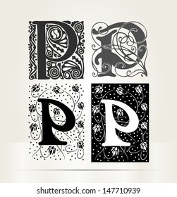 Vector ornamental letter P sign alphabet and logo