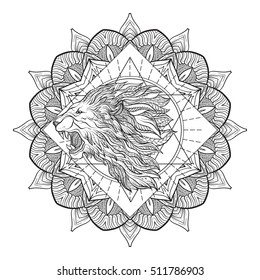 Vector ornamental Lion head with sacred geometry. Hand drawn illustration. Tattoo, astrology, alchemy, boho and magic symbol. 