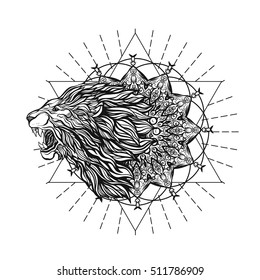 Vector ornamental Lion head with sacred geometry. Hand drawn illustration. Tattoo, astrology, alchemy, boho and magic symbol. 