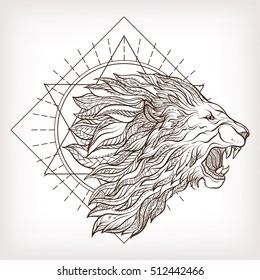 Vector ornamental Lion head with sacred geometry. Hand drawn illustration. Tattoo, astrology, alchemy, boho and magic symbol. 