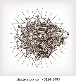 Vector ornamental Lion head with sacred geometry. Hand drawn illustration. Tattoo, astrology, alchemy, boho and magic symbol. 