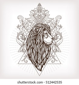 Vector ornamental Lion head with sacred geometry. Hand drawn illustration. Tattoo, astrology, alchemy, boho and magic symbol. 