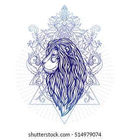Vector ornamental Lion head with sacred geometry. Hand drawn illustration. Tattoo, astrology, alchemy, boho and magic symbol. 