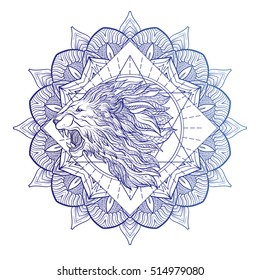 Vector ornamental Lion head with sacred geometry. Hand drawn illustration. Tattoo, astrology, alchemy, boho and magic symbol. 