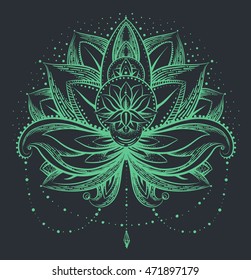 Vector ornamental Lotus, ethnic zentangled henna tattoo, patterned Indian paisley for adult anti stress coloring pages. Hand drawn illustration in doodle style.