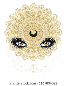 Vector ornamental Lotus flower, all-seeing eye, patterned Indian paisley. Hand drawn illustration in gold. Invitation element. Tattoo, astrology, alchemy, boho and magic symbol.