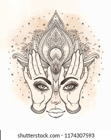 Vector ornamental Lotus flower, all-seeing eye, patterned Indian paisley. Hand drawn illustration. Invitation element. Tattoo, astrology, alchemy, boho and magic symbol. Vintage colors.
