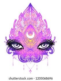 Vector ornamental Lotus flower, all-seeing eye, patterned Indian paisley. Hand drawn illustration. Invitation element. Tattoo, astrology, alchemy, boho and magic symbol. 