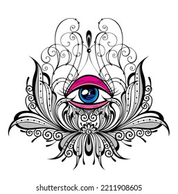 Vector ornamental Lotus flower, all-seeing eye. Hand drawn illustration. Invitation element. Tattoo, astrology, alchemy, boho and magic symbol. Coloring book for adults.