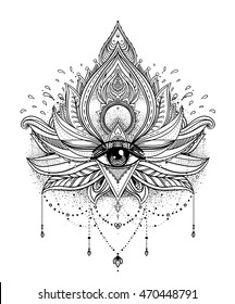 Vector ornamental Lotus flower, all-seeing eye, patterned Indian paisley. Hand drawn illustration. Invitation element. Tattoo, astrology, alchemy, boho and magic symbol. Coloring book for adults.