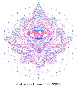 Vector ornamental Lotus flower, all-seeing eye, patterned Indian paisley. Hand drawn illustration. Invitation element. Tattoo, astrology, alchemy, boho and magic symbol. Vibrant gradient over white.