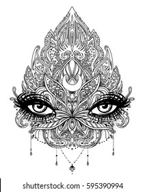 Vector ornamental Lotus flower, all-seeing eye, patterned Indian paisley. Hand drawn illustration. Invitation element. Tattoo, astrology, alchemy, boho and magic symbol. Coloring book for adults.