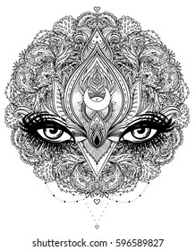 Vector ornamental Lotus flower, all-seeing eye, patterned Indian paisley. Hand drawn illustration. Invitation element. Tattoo, astrology, alchemy, boho and magic symbol. Coloring book for adults.