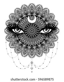 Vector ornamental Lotus flower, all-seeing eye, patterned Indian paisley. Hand drawn illustration. Invitation element. Tattoo, astrology, alchemy, boho and magic symbol. Coloring book for adults.