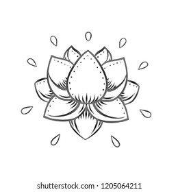 Vector ornamental Lotus flower, ethnic art, patterned Indian paisley. Hand drawn illustration. Invitation element. Tattoo, astrology, alchemy, boho and magic symbol. Black linework isolated on white.