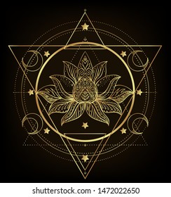 Vector ornamental Lotus flower, ethnic art, patterned Indian paisley. Hand drawn illustration isolated. Invitation. Golden stickers, flash temporary tattoo, mehndi symbol. Gold gradient over black. 