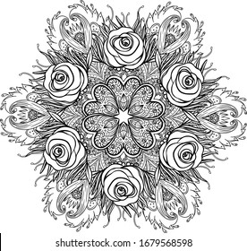 Vector ornamental Lotus flower, ethnic art, patterned Indian paisley in black and white. Hand drawn illustration. Invitation element. Tattoo, astrology, alchemy, boho and magic symbol.