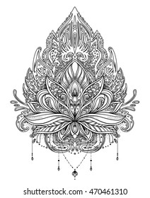 Vector ornamental Lotus flower, ethnic art, patterned Indian paisley. Hand drawn illustration. Invitation element. Tattoo, astrology, alchemy, boho and magic symbol. Coloring book for kids and adults.