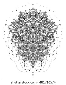 Vector ornamental Lotus flower, ethnic art, patterned Indian paisley. Hand drawn illustration. Invitation element. Tattoo, astrology, alchemy, boho and magic symbol. Coloring book for kids and adults.