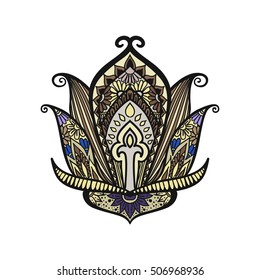 Vector ornamental Lotus flower, ethnic art, patterned Indian paisley. Hand drawn illustration. Invitation element. Tattoo, astrology, alchemy, boho and magic symbol