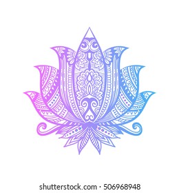 Vector ornamental Lotus flower, ethnic art, patterned Indian paisley. Hand drawn illustration. Invitation element. Tattoo, astrology, alchemy, boho and magic symbol