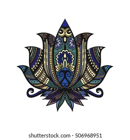 Vector ornamental Lotus flower, ethnic art, patterned Indian paisley. Hand drawn illustration. Invitation element. Tattoo, astrology, alchemy, boho and magic symbol