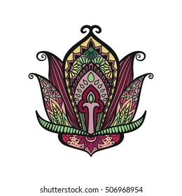 Vector ornamental Lotus flower, ethnic art, patterned Indian paisley. Hand drawn illustration. Invitation element. Tattoo, astrology, alchemy, boho and magic symbol