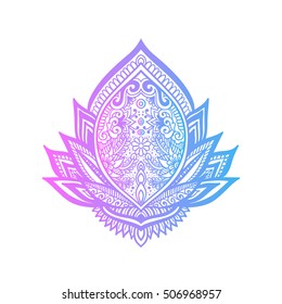 Vector ornamental Lotus flower, ethnic art, patterned Indian paisley. Hand drawn illustration. Invitation element. Tattoo, astrology, alchemy, boho and magic symbol