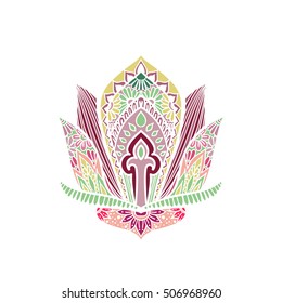 Vector ornamental Lotus flower, ethnic art, patterned Indian paisley. Hand drawn illustration. Invitation element. Tattoo, astrology, alchemy, boho and magic symbol