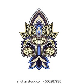 Vector ornamental Lotus flower, ethnic art, patterned Indian paisley. Hand drawn illustration. Invitation element. Tattoo, astrology, alchemy, boho and magic symbol