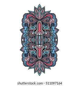 Vector ornamental Lotus flower, ethnic art, patterned Indian paisley. Hand drawn illustration. Invitation element. Tattoo, astrology, alchemy, boho and magic symbol
