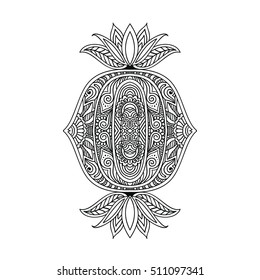 Vector ornamental Lotus flower, ethnic art, patterned Indian paisley. Hand drawn illustration. Invitation element. Tattoo, astrology, alchemy, boho and magic symbol