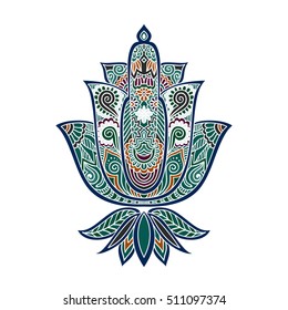 Vector ornamental Lotus flower, ethnic art, patterned Indian paisley. Hand drawn illustration. Invitation element. Tattoo, astrology, alchemy, boho and magic symbol