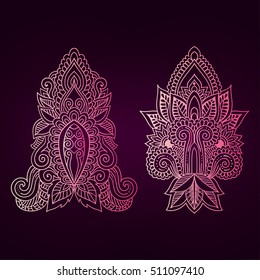 Vector ornamental Lotus flower, ethnic art, patterned Indian paisley. Hand drawn illustration. Invitation element. Tattoo, astrology, alchemy, boho and magic symbol