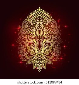Vector ornamental Lotus flower, ethnic art, patterned Indian paisley. Hand drawn illustration. Invitation element. Tattoo, astrology, alchemy, boho and magic symbol