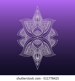 Vector ornamental Lotus flower, ethnic art, patterned Indian paisley. Hand drawn illustration. Invitation element. Tattoo, astrology, alchemy, boho and magic symbol
