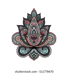 Vector ornamental Lotus flower, ethnic art, patterned Indian paisley. Hand drawn illustration. Invitation element. Tattoo, astrology, alchemy, boho and magic symbol