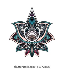 Vector ornamental Lotus flower, ethnic art, patterned Indian paisley. Hand drawn illustration. Invitation element. Tattoo, astrology, alchemy, boho and magic symbol